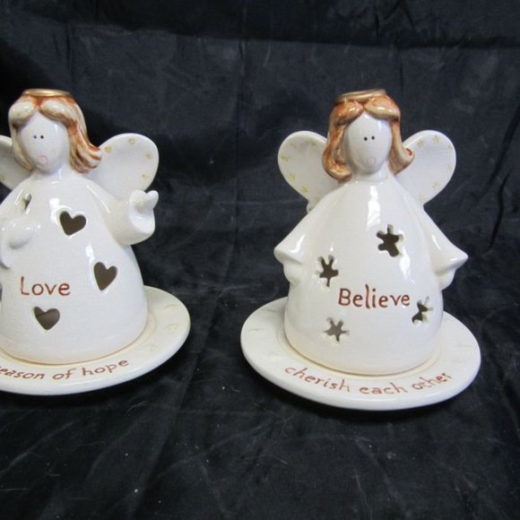VINTAGE 90'S CERAMIC ANGEL TEALIGHTS W/PLATES, SET OF 2, CUTE COUNTRY - Picture 2 of 8